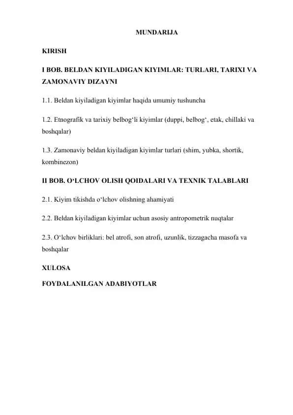 Beldan kiyiladigan kiyimlar