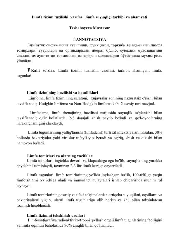 Limfa tizimi tuzilishi, vazifasi va ahamiyati