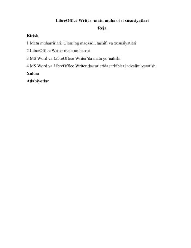 LibreOffice Writer - matn muharriri xususiyatlari