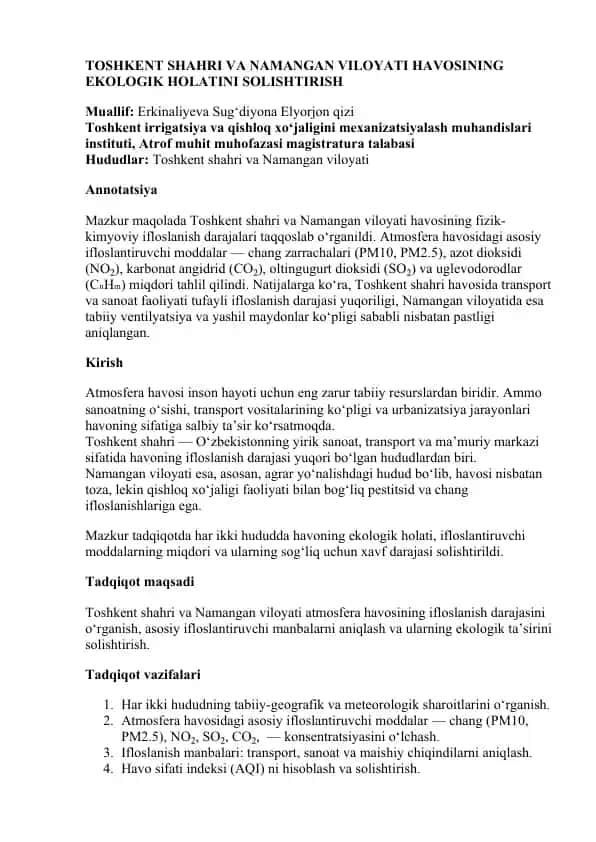 TOSHKENT SHAHRI VA NAMANGAN VILOYATI HAVOSINING EKOLOGIK HOLATINI SOLISHTIRISH