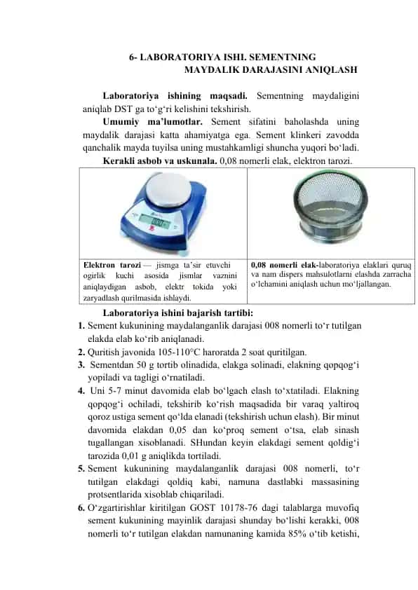 Laboratoriya ishi. Sementning maydalik darajasini aniqlash