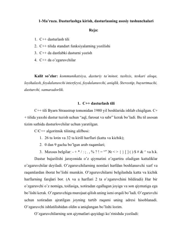 C++ dasturlashga kirish, dasturlasning asosiy tushunchalari