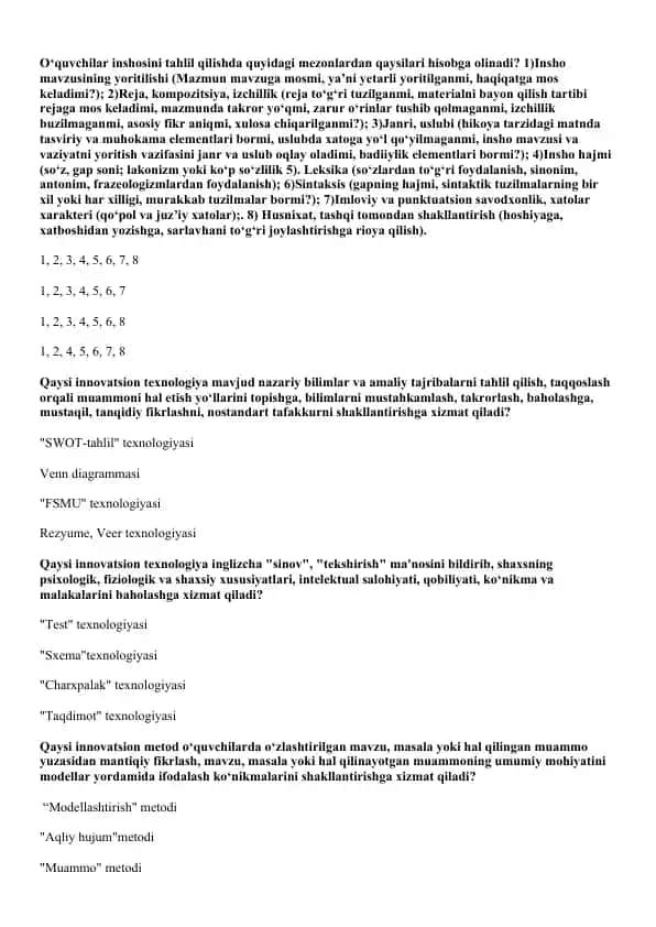 O‘quvchilar inshosini tahlil qilishda mezonlarning hisobga olinishi