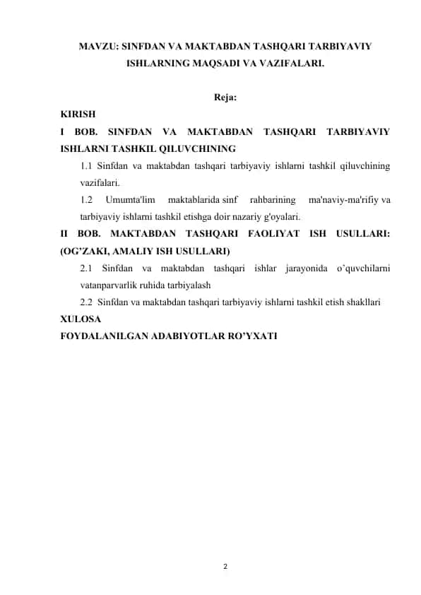 Sinfdan va maktabdan tashqari tarbiyaviy ishlar