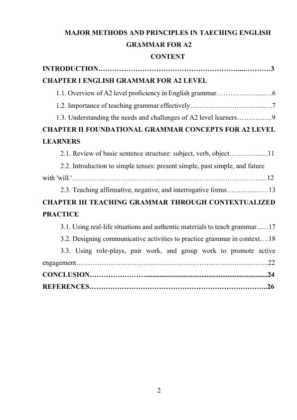 Major Methods and Principles in Teaching English Grammar for A2