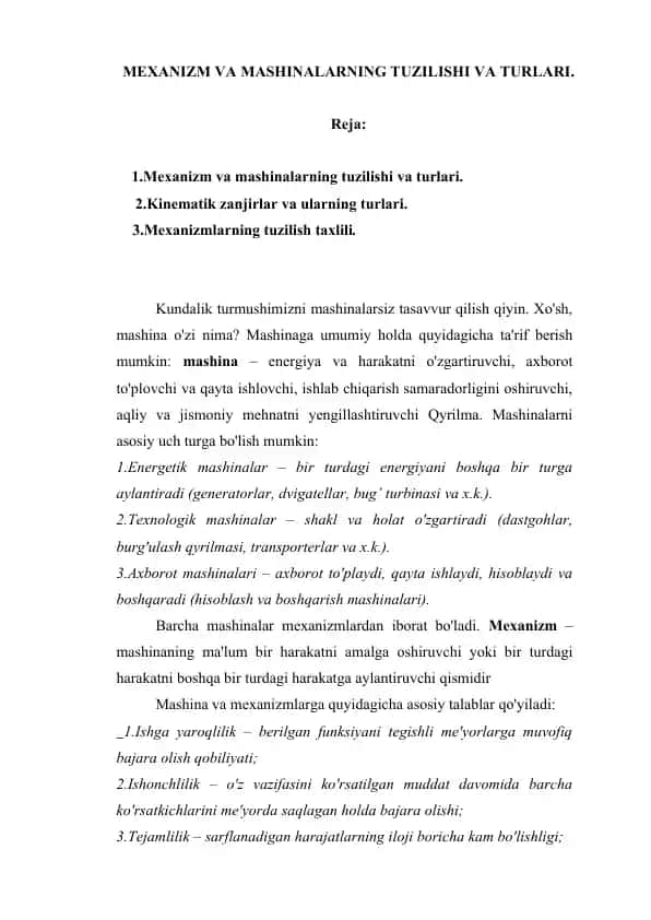 MEXANIZM VA MASHINALARNING TUZILISHI VA TURLARI