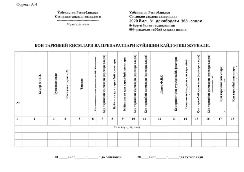 Қон таркибий қисмлари ва препаратлари қуйишни қайд этиш журнали