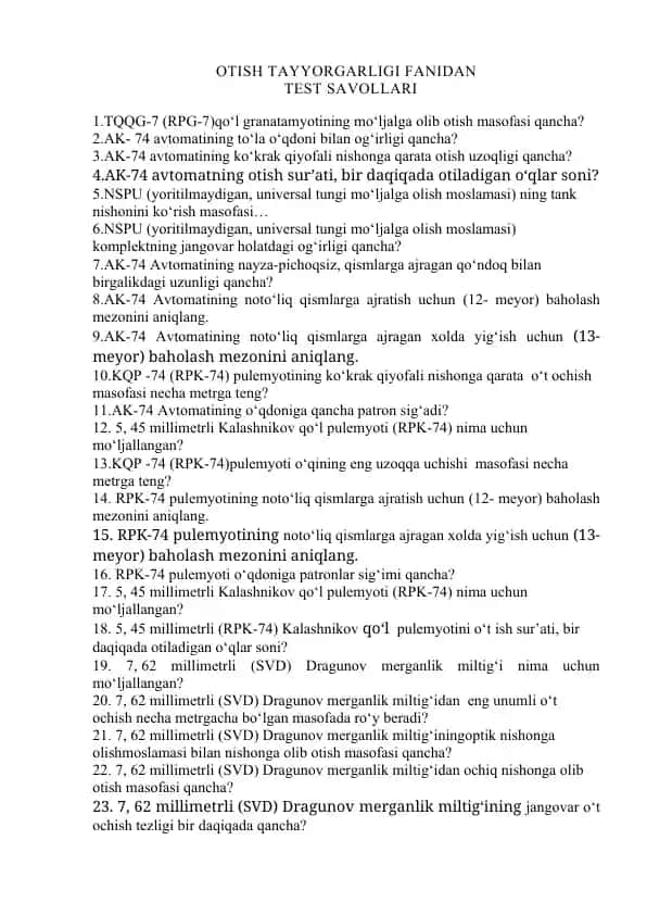 OTISH TAYYORGARLIGI FANIDAN TEST SAVOLLARI