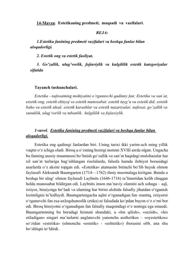 Estetika fanining predmeti, maqsadi va vazifalari