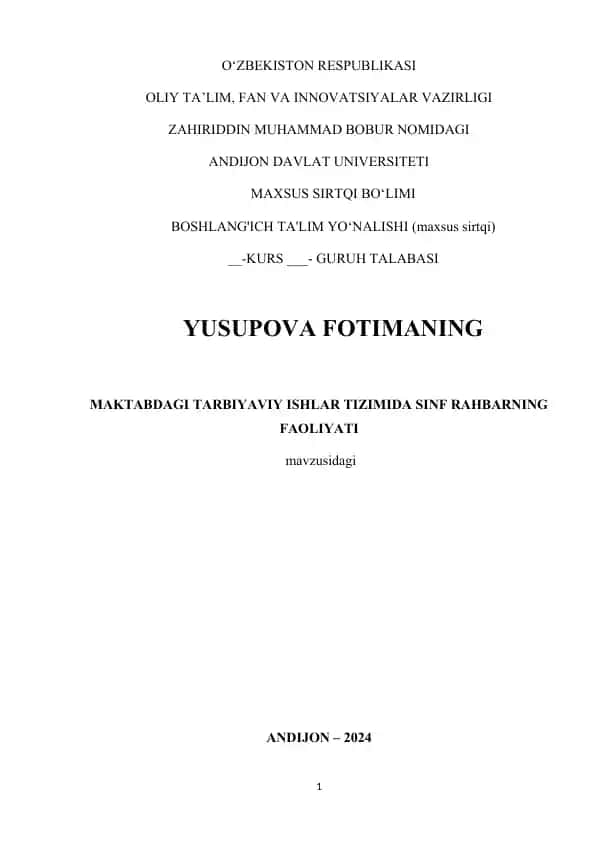 Sinf rahbarining faoliyati mavzusidagi kurs ishi