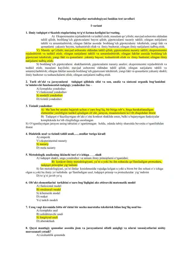 Pedagogik tadqiqotlar metodologiyasi fanidan test savollari