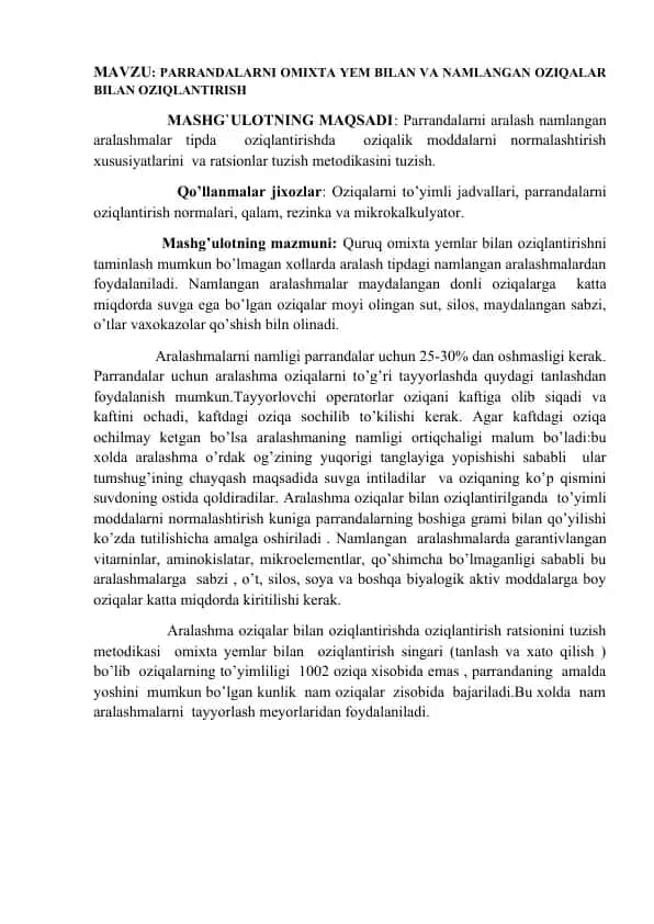 Parrandalar oziqlantirish metodikasi
