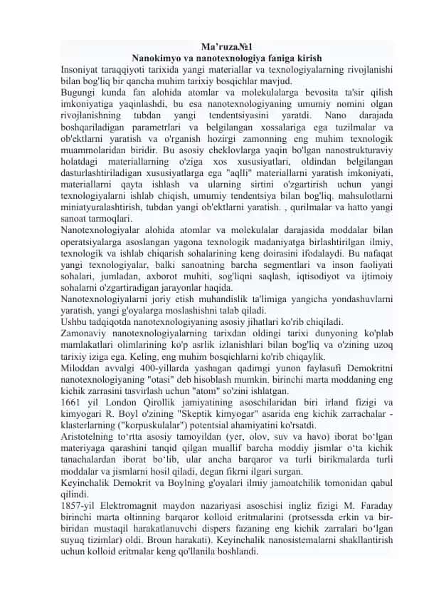 Nanotexnologiya faniga kirish