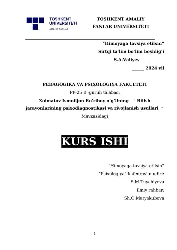 Bilish jarayonlarining psixodiagnostikasi va rivojlanish usullari