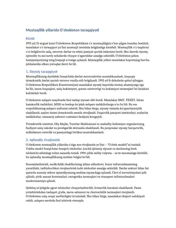 Mustaqillik yillarida O‘zbekiston taraqqiyoti