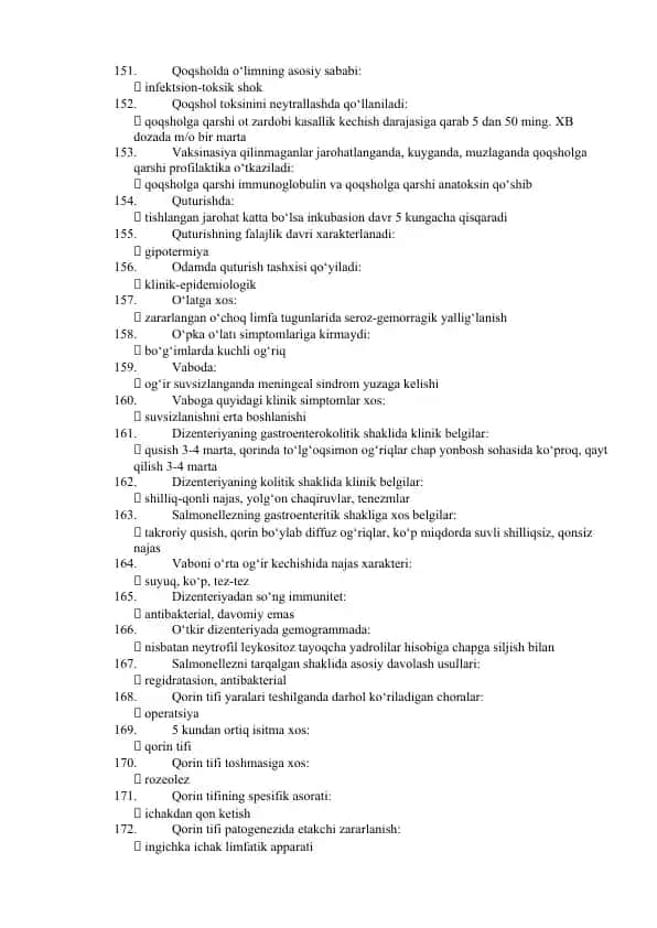 Infektsion kasalliklar bo‘yicha test savollari