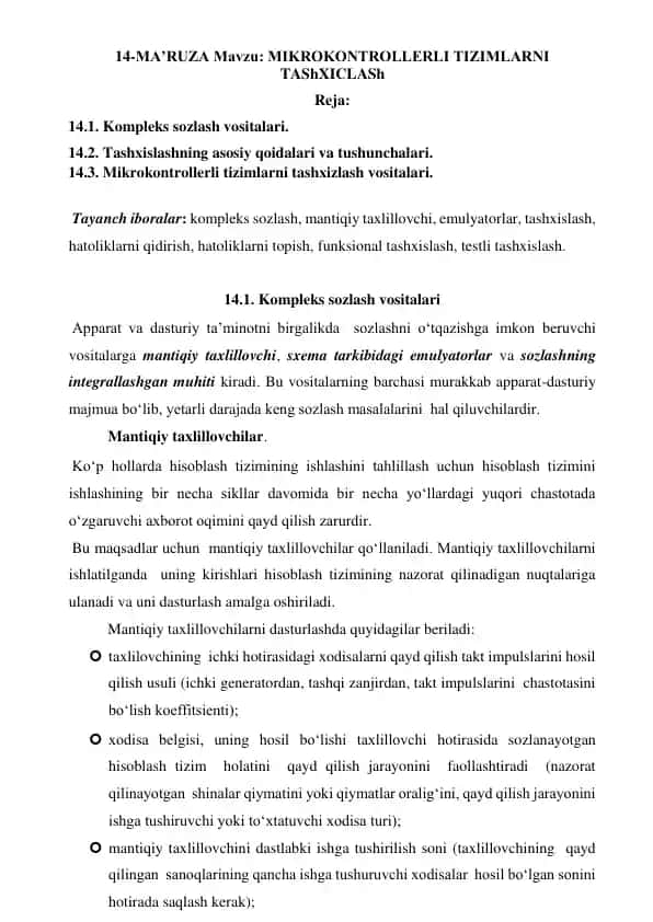 MIKROKONTROLLERLI TIZIMLARNI TAShXICLASh