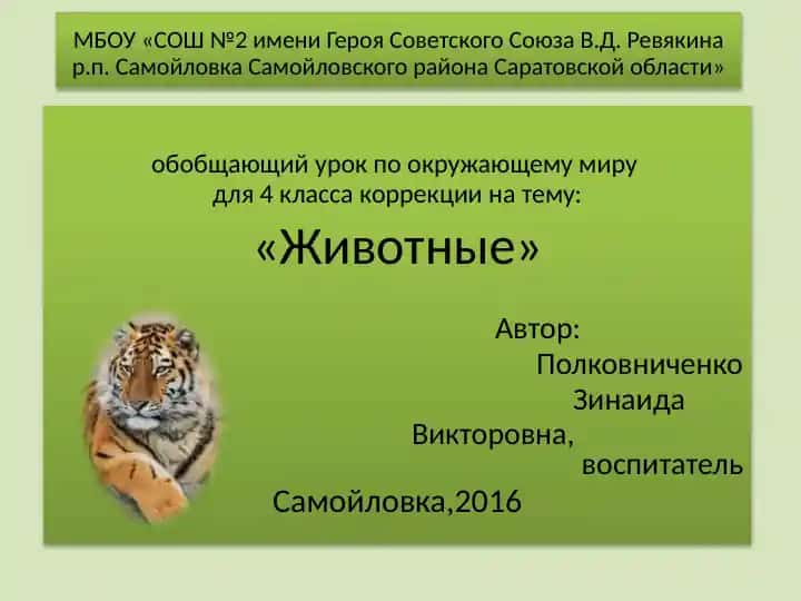 Обобщающий урок по окружающему миру для 4 класса коррекции на тему "Животные"