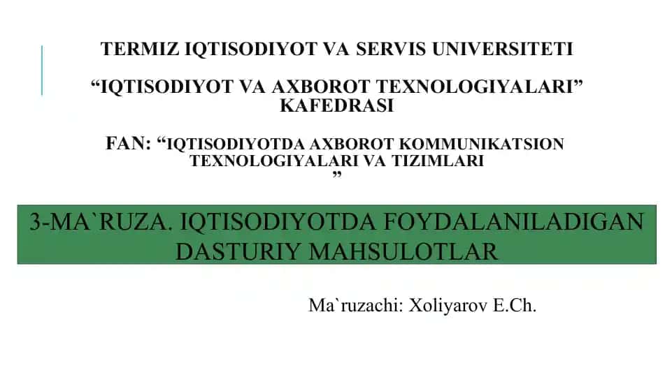 Iqtisodiyotda Foydalaniladigan Dasturiy Mahsulotlar