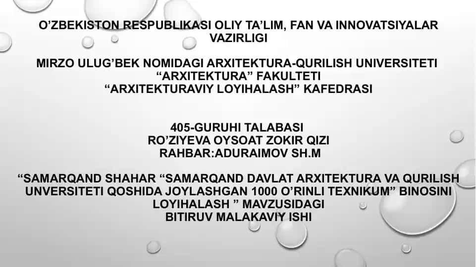 Samarqand Shahar Samarqand Davlat Arxitektura va Qurilish Universiteti Qoshida Joylashgan 1000 O'rindli Texnikum Binosini Loyihalash