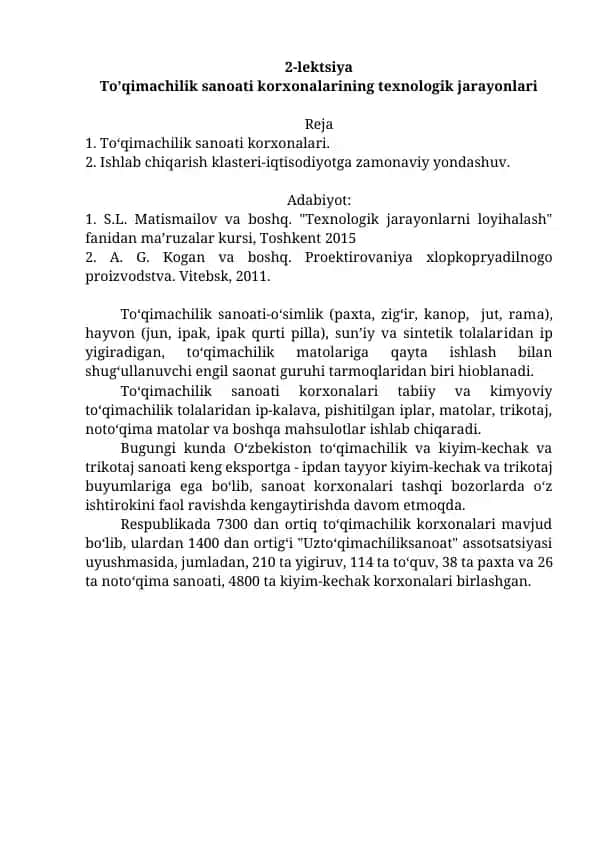 To'qimachilik sanoati korxonalarining texnologik jarayonlari