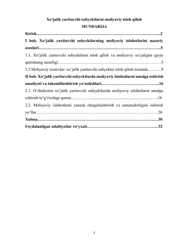 Xo‘jalik yurituvchi subyektlarni moliyaviy isloh qilish
