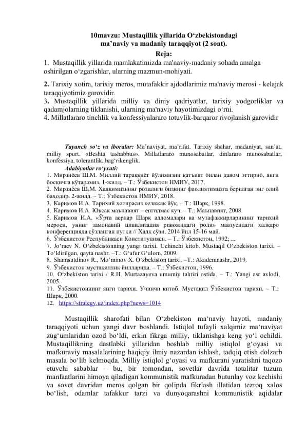 Mustaqillik yillarida O‘zbekistondagi ma’naviy va madaniy taraqqiyot