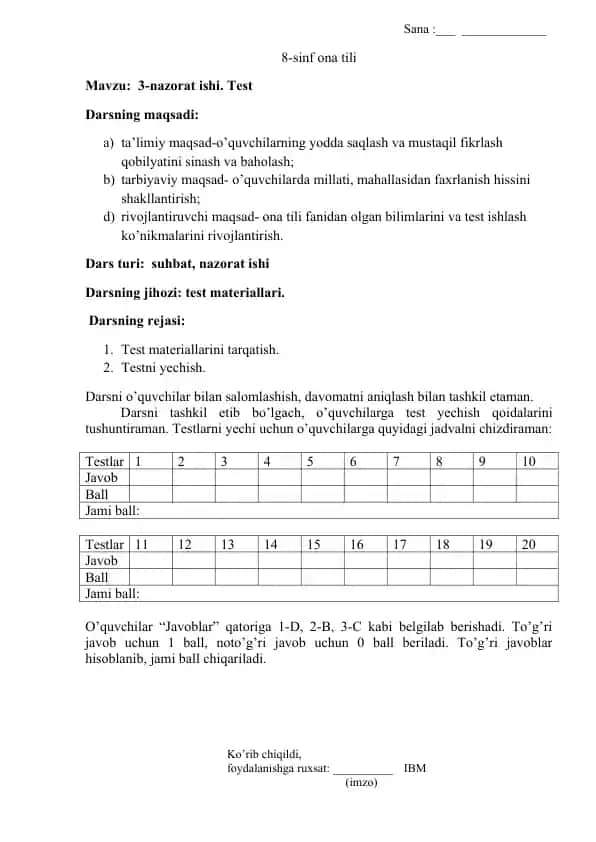 8-sinf ona tili nazorat ishi test materiallari