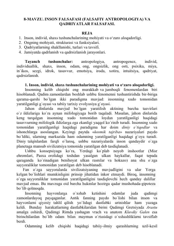 İnson Falsafasi (Falsafiy Antropologiya) va Qadriyatlar Falsasi