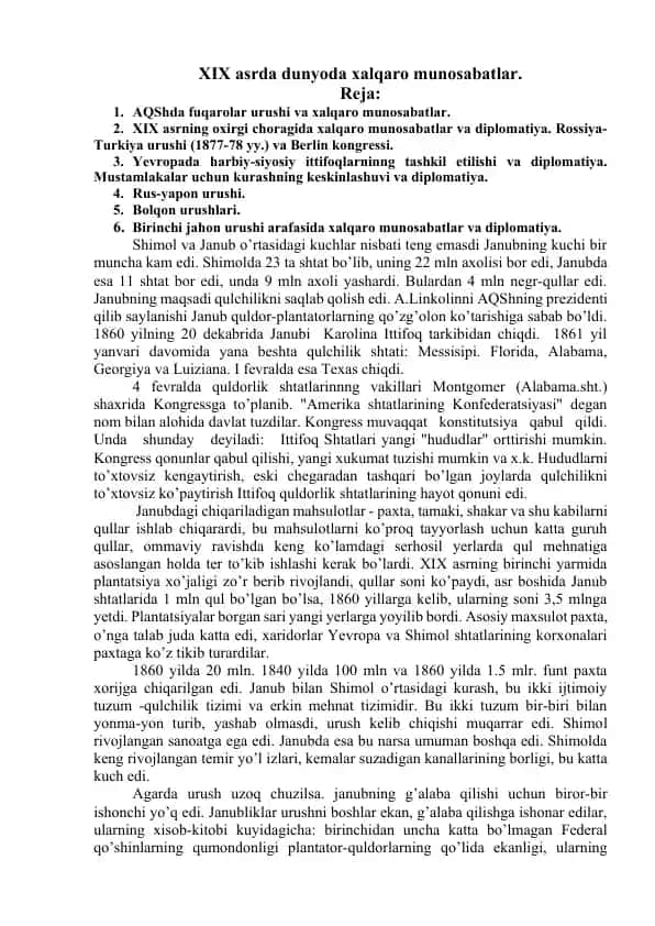 XIX asrda dunyoda xalqaro munosabatlar