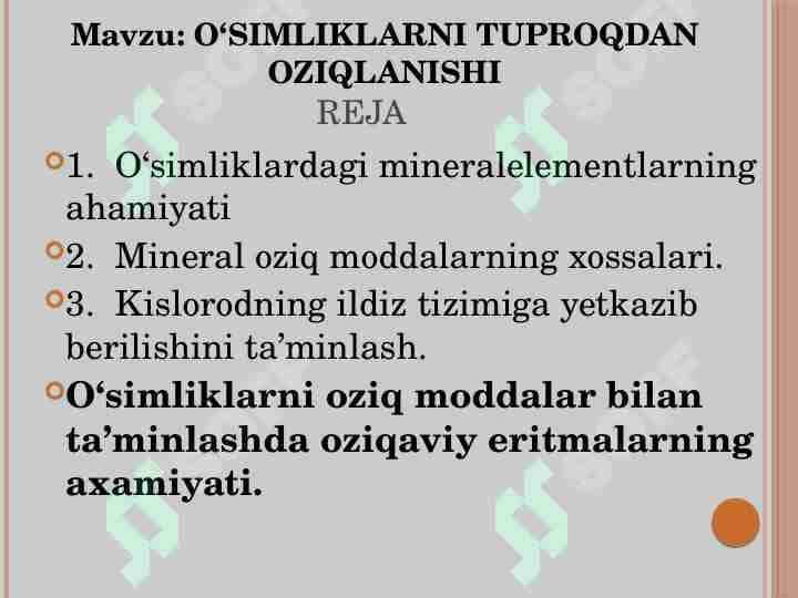 O‘SIMLIKLARNI TUPROQDAN OZIQLANISHI