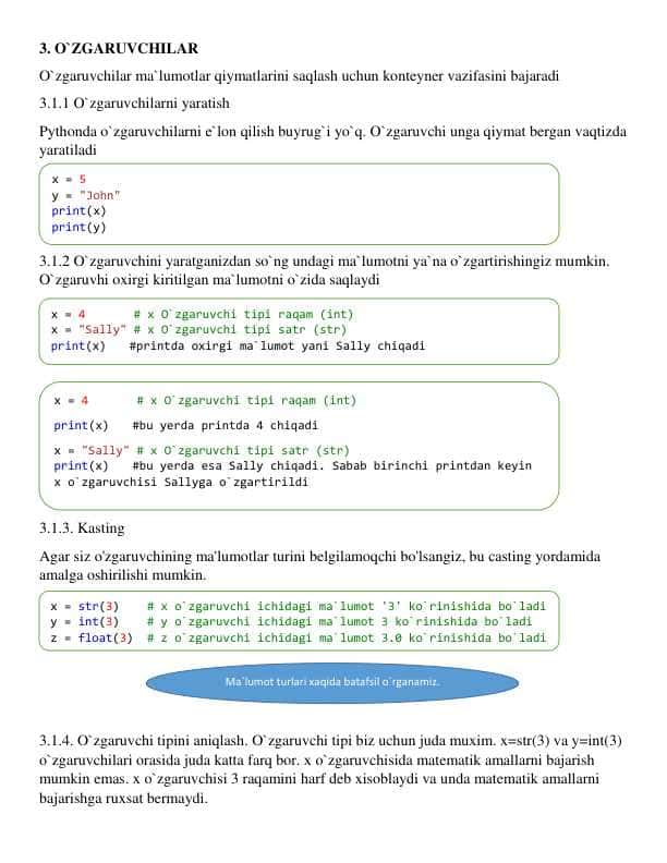 3. Pythonda o`zgaruvhilarni e`lon qilish