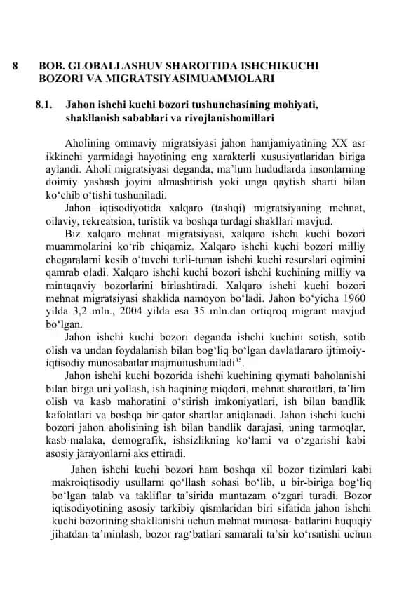 BOB. GLOBALLASHUV SHAROITIDA ISHCHIKUCHI BOZORI VA MIGRATSIYASIMUAMMOLARI