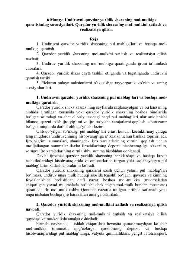 Undiruvni Qarzdor Yuridik Shaxsning Mol-Mulkiga Qaratishning Xususiyatlari