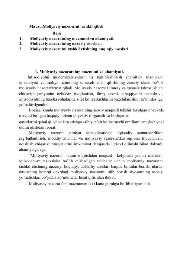 Moliyaviy nazoratni tashkil qilish
