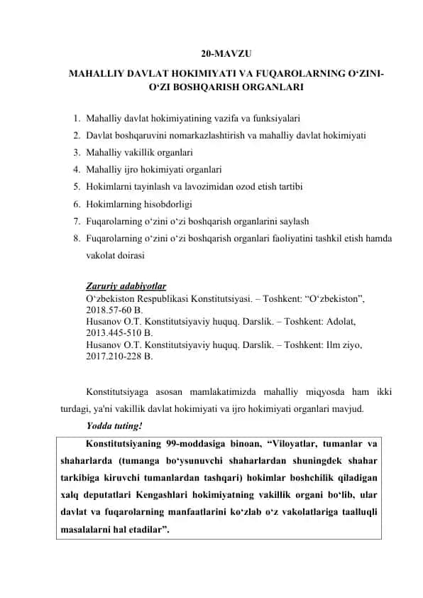 Mahalliy davlat hokimiyati va fuqarolarning o‘zini-o‘zi boshqarish organlari