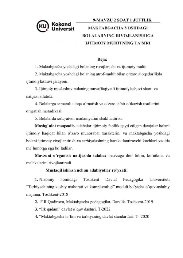 Maktabgacha yoshdagi bolalarning rivojlanishi va ijtimoiy muhitning ta'siri