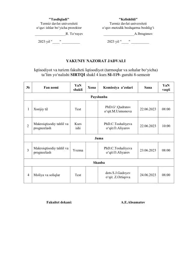 YAKUNIY NAZORAT JADVALI