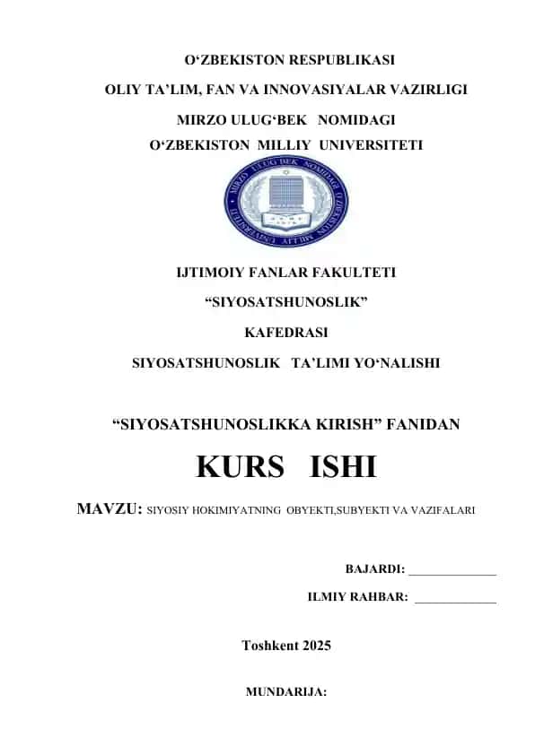 SIYOSIY HOKIMIYATNING OBYEKTI,SUBYEKTI VA VAZIFALARI