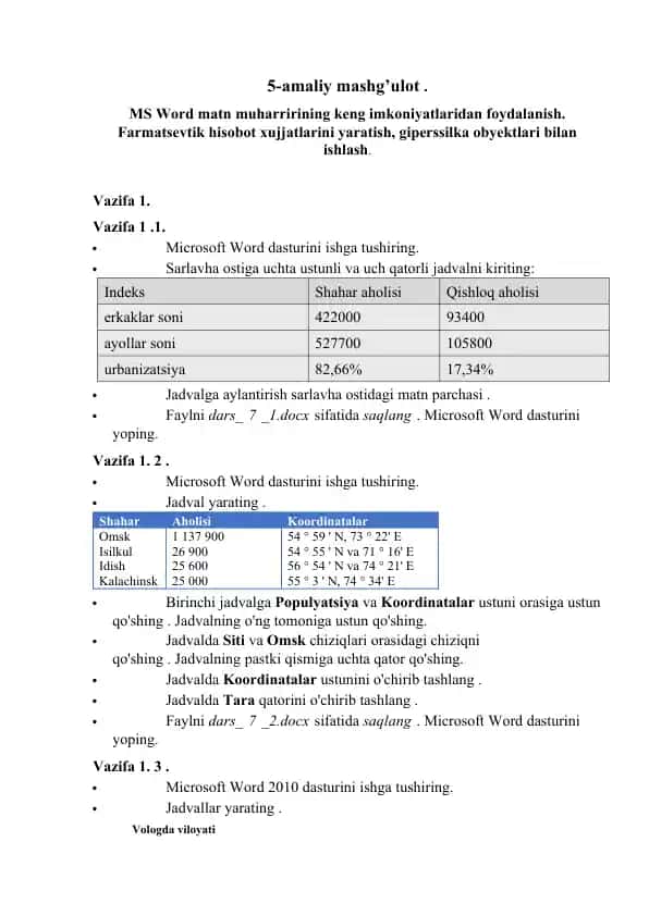 MS Word matn muharririning keng imkoniyatlaridan foydalanish