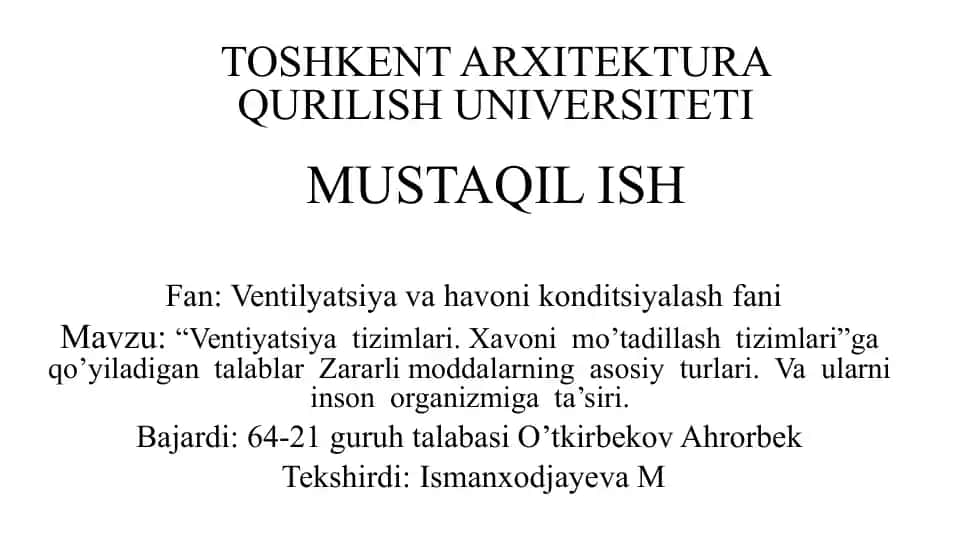 Ventilyatsiya va havoni konditsiyalash tizimlari