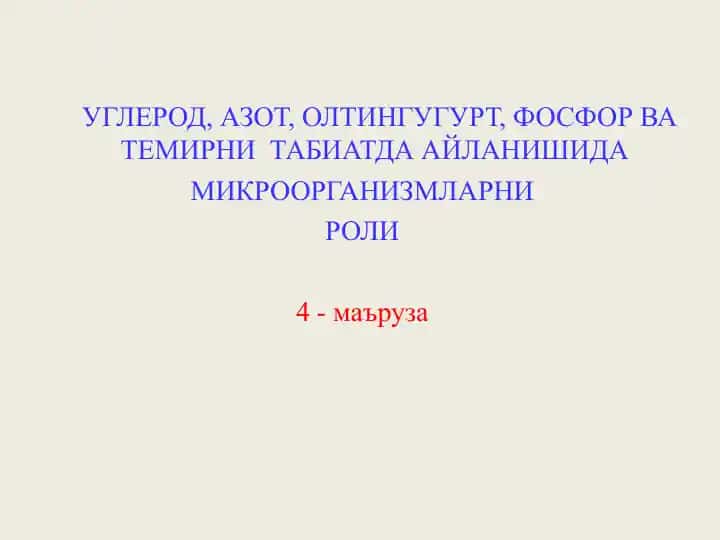 Uglerod, azot, oltingugurt, fosfor va temirni tabiatda aylanishida mikroorganizmlarning roli (4-ma’ruza)