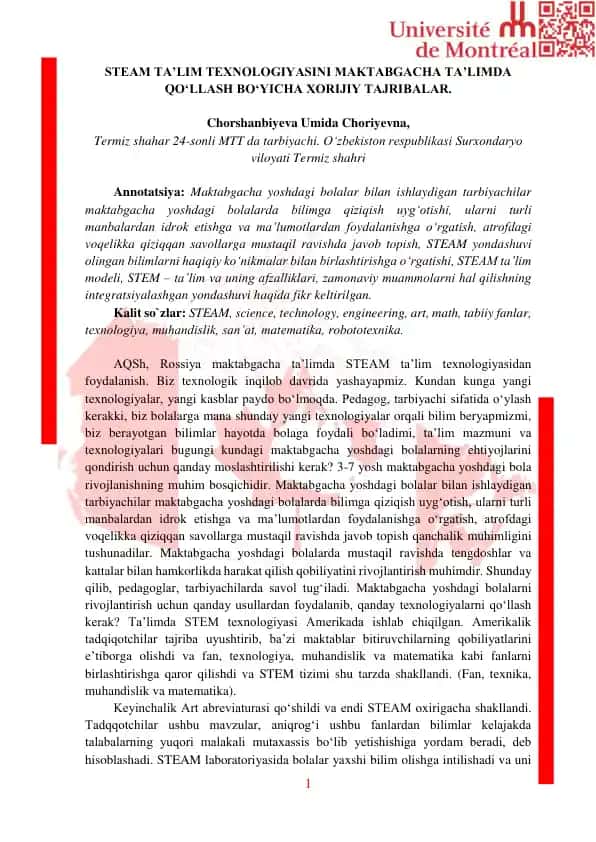 STEAM TA’LIM TEXNOLOGIYASINI MAKTABGACHA TA’LIMDA QO‘LLASH BO‘YICHA XORIJIY TAJRIBALAR