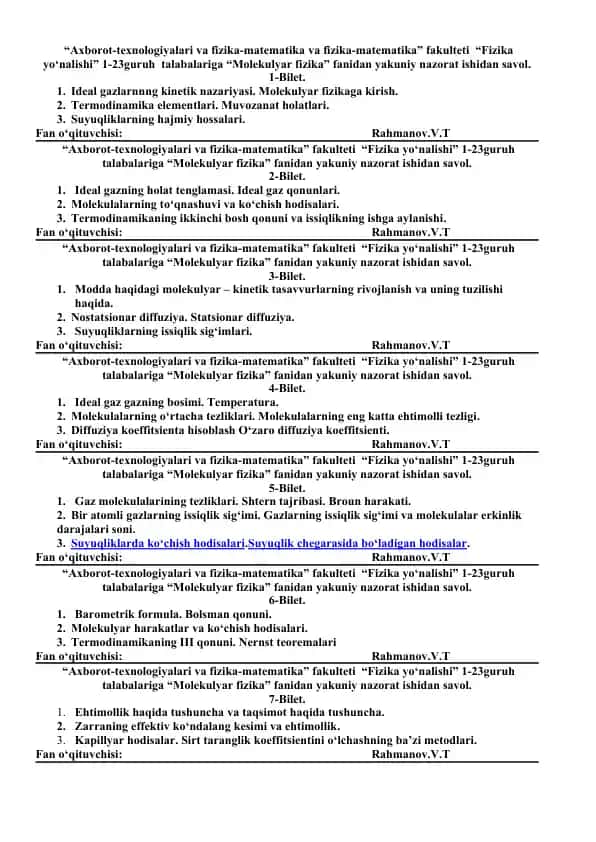Molekulyar fizika nazorati bilet