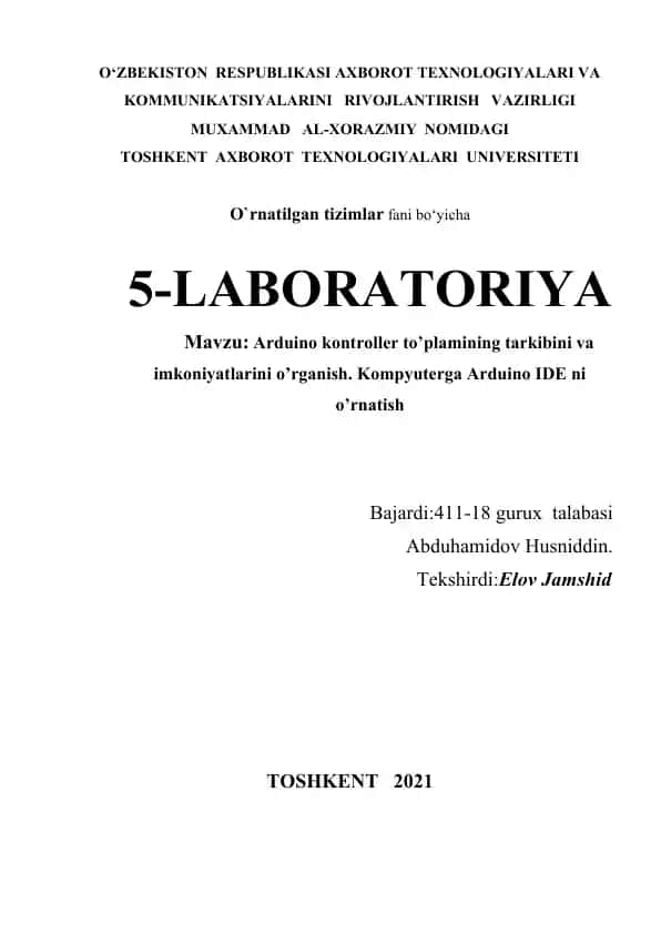 Arduino kontroller to’plamining tarkibini va imkoniyatlarini o’rganish
