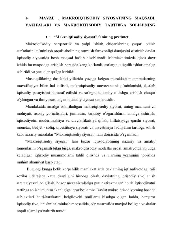 Makroiqtisodiy siyosatning maqsadi, vazifalari va tartibi