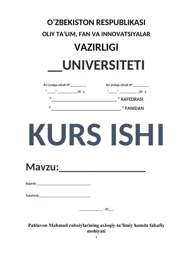 Pahlavon Mahmud ruboiylari va ijodiy merosi haqida kurs ishi