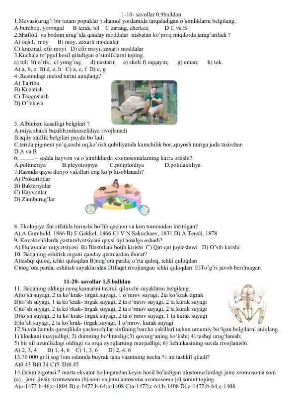 Biologiya sinovlar savollari