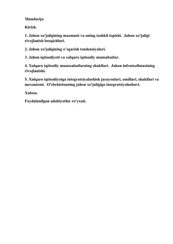 Jahon xo'jaligining iqtisodiyoti