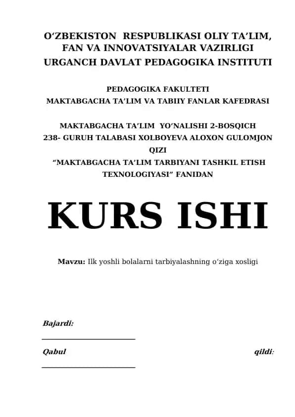 "MAKTABGACHA TA’LIM TARBIYANI TASHKIL ETISH TEXNOLOGIYASI"